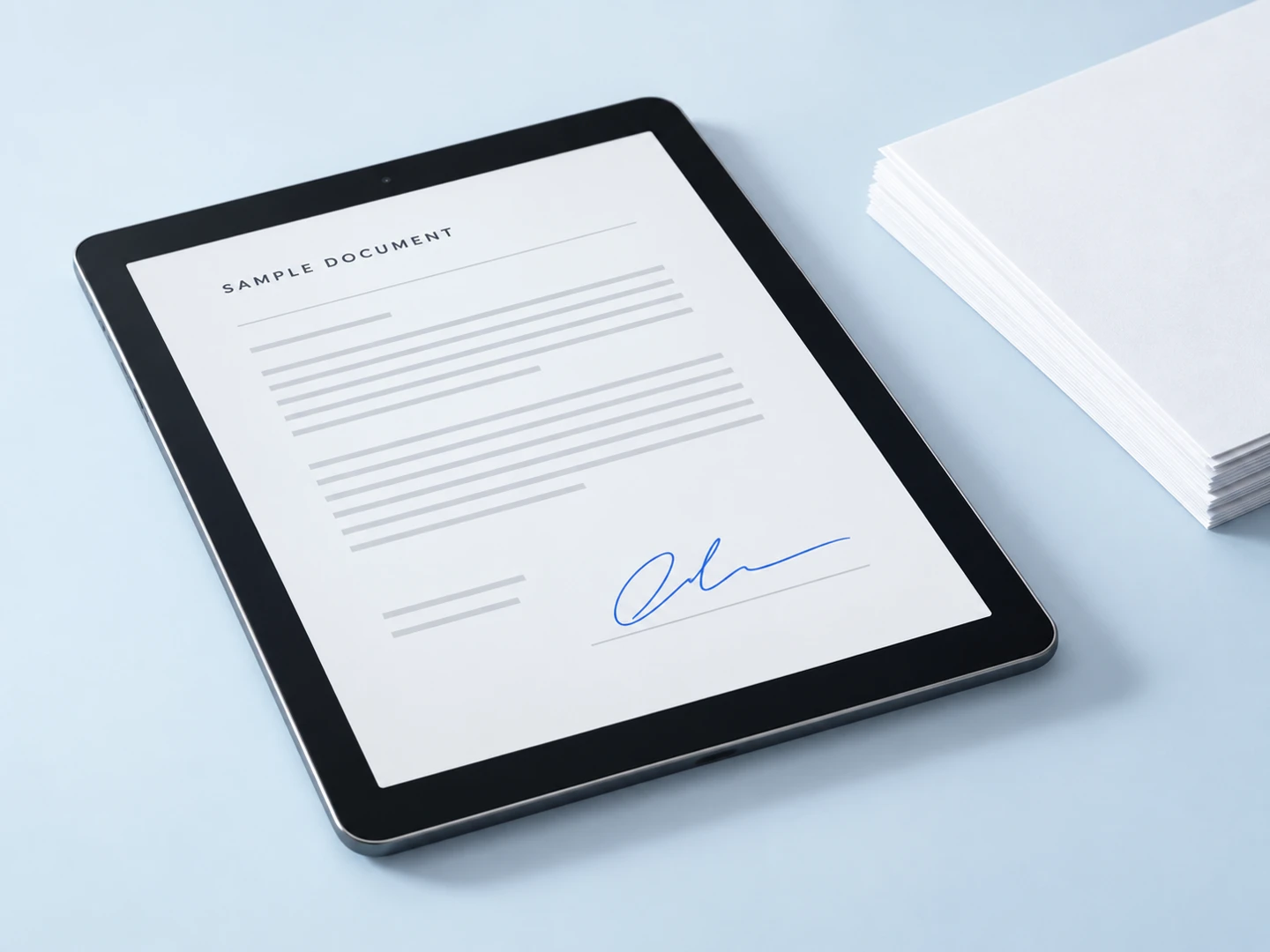 OwnPact product concept: a tablet with a fictional sample document and signature